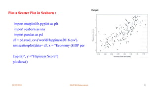 12/09/2024 22UIT303-Data science 65
Plot a Scatter Plot in Seaborn :
import matplotlib.pyplot as plt
import seaborn as sns
import pandas as pd
df = pd.read_csv('worldHappiness2016.csv').
sns.scatterplot(data= df, x = "Economy (GDP per
Capita)", y =“Hapiness Score”)
plt.show()
 