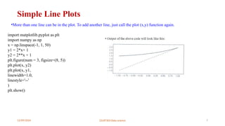 12/09/2024 22UIT303-Data science 7
Simple Line Plots
•More than one line can be in the plot. To add another line, just call the plot (x,y) function again.
import matplotlib.pyplot as plt
import numpy as np
x = np.linspace(-1, 1, 50)
y1 = 2*x+ 1
y2 = 2**x + 1
plt.figure(num = 3, figsize=(8, 5))
plt.plot(x, y2)
plt.plot(x, y1,
linewidth=1.0,
linestyle='--'
)
plt.show()
 