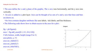 12/09/2024 22UIT303-Data science 9
Setting the Axis, Ticks, Grids
• The axes define the x and y plane of the graphic. The x axis runs horizontally, and the y axis runs
vertically.
• An axis is added to a plot layer. Axis can be thought of as sets of x and y axis that lines and bars
are drawn on.
•An Axis contains daughter attributes like axis labels, tick labels, and line thickness.
• The following code shows how to obtain access to the axes for a plot :
fig = plt.figure()
axes = fig.add_axes([0.1, 0.1, 0.8, 0.8])
# left, bottom, width, height (range 0 to 1)
axes.plot(x, y, 'r')
axes.set_xlabel('x')
axes.set_ylabel('y')
axes.set_title('title');
 