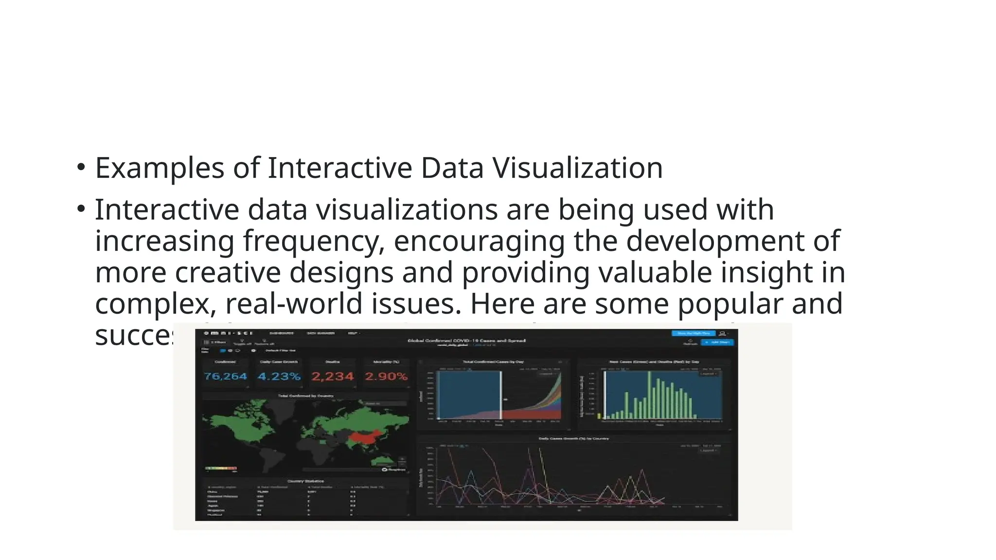 • Examples of Interactive Data Visualization
• Interactive data visualizations are being used with
increasing frequency, encouraging the development of
more creative designs and providing valuable insight in
complex, real-world issues. Here are some popular and
successful interactive data visualization examples:
 