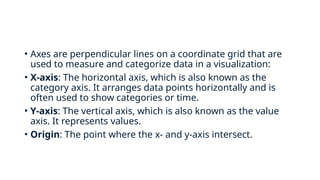 • Axes are perpendicular lines on a coordinate grid that are
used to measure and categorize data in a visualization:
• X-axis: The horizontal axis, which is also known as the
category axis. It arranges data points horizontally and is
often used to show categories or time.
• Y-axis: The vertical axis, which is also known as the value
axis. It represents values.
• Origin: The point where the x- and y-axis intersect.
 