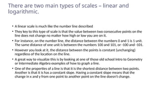 There are two main types of scales – linear and
logarithmic.
• A linear scale is much like the number line described
• They key to this type of scale is that the value between two consecutive points on the
line does not change no matter how high or low you are on it.
• For instance, on the number line, the distance between the numbers 0 and 1 is 1 unit.
The same distance of one unit is between the numbers 100 and 101, or -100 and -101.
• However you look at it, the distance between the points is constant (unchanging)
regardless of the location on the line.
• A great way to visualize this is by looking at one of those old school Intro to Geometry
or Intermediate Algebra examples of how to graph a line.
• One of the properties of a line is that it is the shortest distance between two points.
Another is that it is has a constant slope. Having a constant slope means that the
change in x and y from one point to another point on the line doesn't change.
 