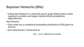 Bayesian Networks (BNs)
• A Bayesian Network is a directed acyclic graph (DAG) where nodes
represent variables and edges indicate direct probabilistic
dependencies.
Key Features:
• Each node has a conditional probability distribution (CPD) given its
parents.
• Joint distribution is factorized as:
P(X1​
,…,Xn​
)=i=1 n​
P(Xi​ Parents(Xi​
))
∏ ∣
 