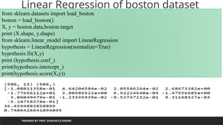 PREPARED BY: PROF. SHAKUNTLA RAVANI
Linear Regression of boston dataset
from sklearn.datasets import load_boston
boston = load_boston()
X, y = boston.data,boston.target
print (X.shape, y.shape)
from sklearn.linear_model import LinearRegression
hypothesis = LinearRegression(normalize=True)
hypothesis.fit(X,y)
print (hypothesis.coef_)
print(hypothesis.intercept_)
print(hypothesis.score(X,y))
 