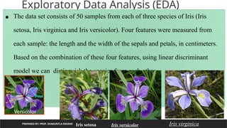 Exploratory Data Analysis (EDA)
PREPARED BY: PROF. SHAKUNTLA RAVANI
• The data set consists of 50 samples from each of three species of Iris (Iris
setosa, Iris virginica and Iris versicolor). Four features were measured from
each sample: the length and the width of the sepals and petals, in centimeters.
Based on the combination of these four features, using linear discriminant
model we can distinguish the species from each other.
Iris setosa Iris versicolor Iris virginica
 
