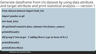 PREPARED BY: PROF. SHAKUNTLA RAVANI
Generate dataframe from iris dataset by using data attribute
and target attribute and print statistical analysis------version 1
from sklearn.datasets import load_iris
import pandas as pd
iris=load_iris()
df=pd.DataFrame(iris.data, columns=iris.feature_names)
print(df.head())
df['group']=iris.target # adding flower type in form of 0,1,2
print(df.head())
print(df.describe())
 
