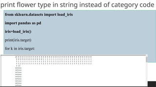 PREPARED BY: PROF. SHAKUNTLA RAVANI
print flower type in string instead of category code
from sklearn.datasets import load_iris
import pandas as pd
iris=load_iris()
print(iris.target)
for k in iris.target:
print(iris.target_names[k])
 