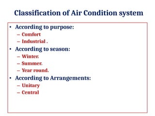 Ac System Classification Central Air Condition system and Heating and Load calculation | PPTX