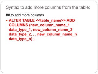 Syntax to add more columns from the table:
## to add more columns
 ALTER TABLE <<table_name>> ADD
COLUMNS (new_column_name_1
data_type_1, new_column_name_2
data_type_2, . . new_column_name_n
data_type_n) ;
 