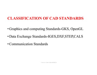 CLASSIFICATION OF CAD STANDARDS
• Graphics and computing Standards-GKS, OpenGL
• Data Exchange Standards-IGES,DXF,STEP,CALS
• Communication Standards
JAVITH SALEEM AP/MECH
 