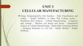 UNIT 3
CELLULAR MANUFACTURING
 Group Technology(GT), Part Families – Parts Classification and
coding – Simple Problems in Opitz Part Coding system –
Production flow Analysis – Cellular Manufacturing – Composite
part concept – Machine cell design and layout – Quantitative
analysis in Cellular Manufacturing – Rank Order Clustering Method
- Arranging Machines in a GT cell – Hollier Method – Simple
Problems.
 