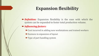 Expansion flexibility
 Definition: Expansion flexibility is the ease with which the
system can be expanded to foster total production volume.
 Influencing factors:
Cost incurred in adding new workstations and trained workers
Easiness in expansion of layout
Type of part handling system
 