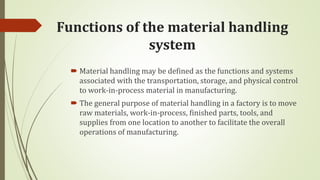 Functions of the material handling
system
 Material handling may be defined as the functions and systems
associated with the transportation, storage, and physical control
to work-in-process material in manufacturing.
 The general purpose of material handling in a factory is to move
raw materials, work-in-process, finished parts, tools, and
supplies from one location to another to facilitate the overall
operations of manufacturing.
 