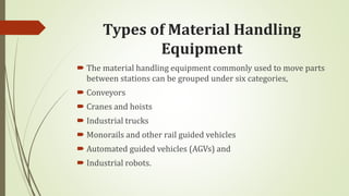 Types of Material Handling
Equipment
 The material handling equipment commonly used to move parts
between stations can be grouped under six categories,
 Conveyors
 Cranes and hoists
 Industrial trucks
 Monorails and other rail guided vehicles
 Automated guided vehicles (AGVs) and
 Industrial robots.
 