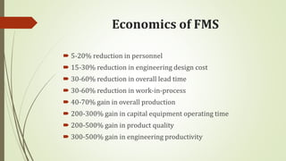 Economics of FMS
 5-20% reduction in personnel
 15-30% reduction in engineering design cost
 30-60% reduction in overall lead time
 30-60% reduction in work-in-process
 40-70% gain in overall production
 200-300% gain in capital equipment operating time
 200-500% gain in product quality
 300-500% gain in engineering productivity
 