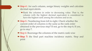  Step 4 : for each column, assign binary weights and calculate
decimal equivalents.
Rank the columns in order to decreasing value. That is, the
column with the highest decimal equivalent is considered to
have the highest rank among the columns and so on.
 Step 5 : Numbering from left to right. Check whether the
current order of columns is the same as the rank order
obtained in the previous step? If not, go to the step 6; If yes,
go to step 7.
 Step 6: Rearrange the columns of the matrix rank wise
 Step 7: the final part machine incidence matrix. Stop and
print
 