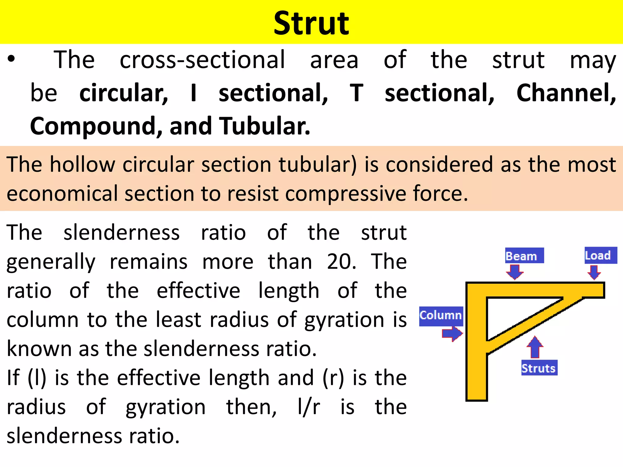 Strut
• The cross-sectional area of the strut may
be circular, I sectional, T sectional, Channel,
Compound, and Tubular.
The slenderness ratio of the strut
generally remains more than 20. The
ratio of the effective length of the
column to the least radius of gyration is
known as the slenderness ratio.
If (l) is the effective length and (r) is the
radius of gyration then, l/r is the
slenderness ratio.
The hollow circular section tubular) is considered as the most
economical section to resist compressive force.
 