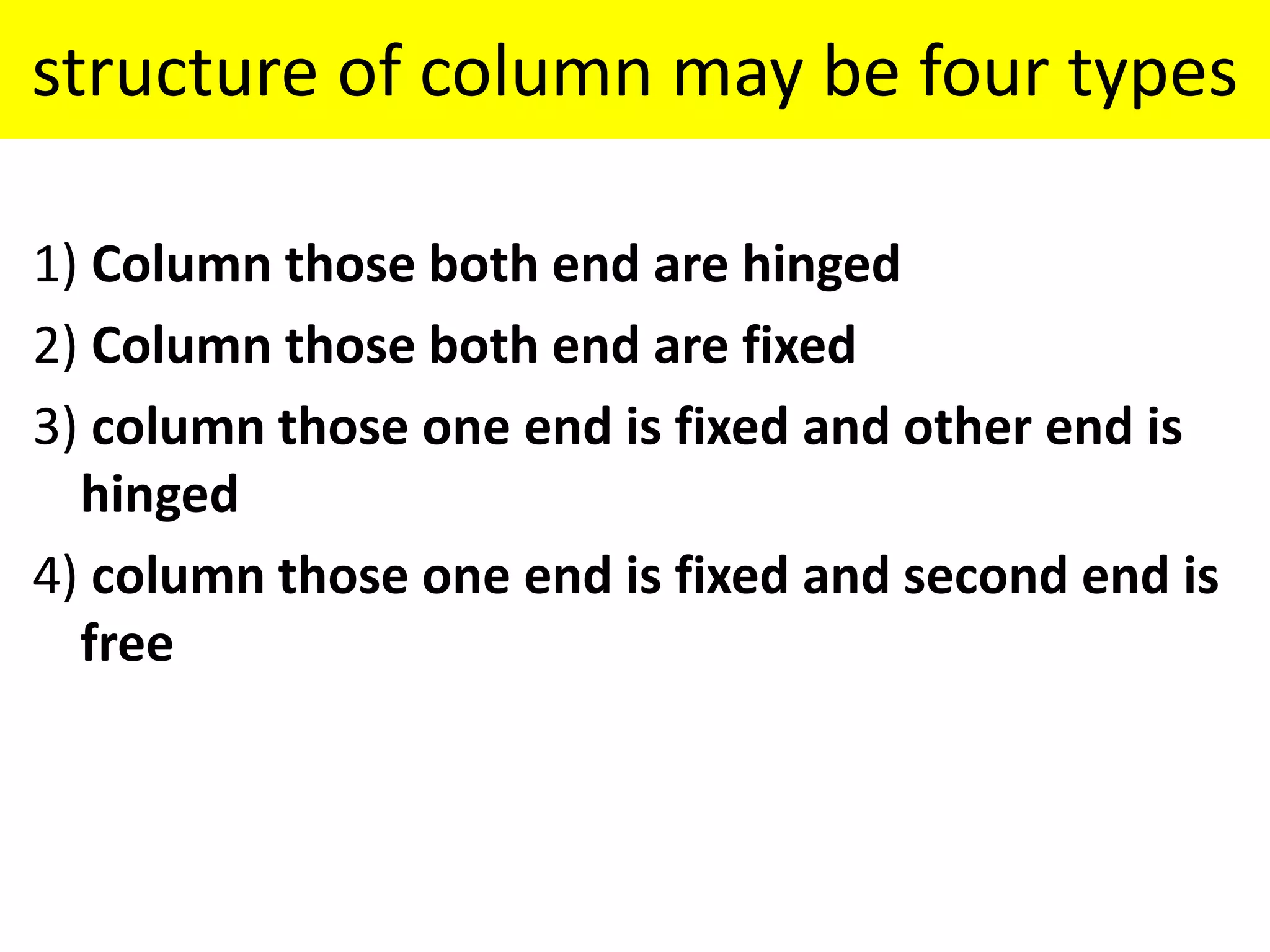 structure of column may be four types
1) Column those both end are hinged
2) Column those both end are fixed
3) column those one end is fixed and other end is
hinged
4) column those one end is fixed and second end is
free
 