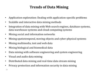 20
Trends of Data Mining
• Application exploration: Dealing with application-specific problems
• Scalable and interactive data mining methods
• Integration of data mining with Web search engines, database systems,
data warehouse systems and cloud computing systems
• Mining social and information networks
• Mining spatiotemporal, moving objects and cyber-physical systems
• Mining multimedia, text and web data
• Mining biological and biomedical data
• Data mining with software engineering and system engineering
• Visual and audio data mining
• Distributed data mining and real-time data stream mining
• Privacy protection and information security in data mining
 