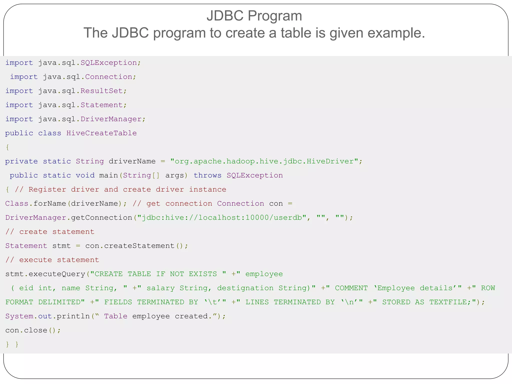 JDBC Program
The JDBC program to create a table is given example.
import java.sql.SQLException;
import java.sql.Connection;
import java.sql.ResultSet;
import java.sql.Statement;
import java.sql.DriverManager;
public class HiveCreateTable
{
private static String driverName = "org.apache.hadoop.hive.jdbc.HiveDriver";
public static void main(String[] args) throws SQLException
{ // Register driver and create driver instance
Class.forName(driverName); // get connection Connection con =
DriverManager.getConnection("jdbc:hive://localhost:10000/userdb", "", "");
// create statement
Statement stmt = con.createStatement();
// execute statement
stmt.executeQuery("CREATE TABLE IF NOT EXISTS " +" employee
( eid int, name String, " +" salary String, destignation String)" +" COMMENT ‘Employee details’" +" ROW
FORMAT DELIMITED" +" FIELDS TERMINATED BY ‘t’" +" LINES TERMINATED BY ‘n’" +" STORED AS TEXTFILE;");
System.out.println(“ Table employee created.”);
con.close();
} }
 