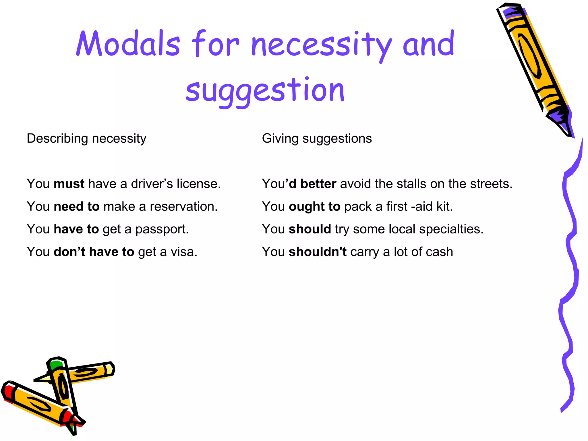 Modals for necessity and suggestion Describing necessity Giving suggestions You  must  have a driver’s license. You ’d   better  avoid the stalls on the streets. You  need to  make a reservation. You  ought to  pack a first -aid kit. You  have to  get a passport. You  should  try some local specialties. You  don’t have   to  get a visa. You  shouldn't  carry a lot of cash 