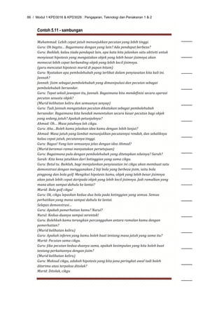 86 / Modul 1 KPD3016 & KPD3026 : Pengajaran, Teknologi dan Penaksiran 1 & 2


      Contoh 5.11 - sambungan

      Muhammad: Lebih cepat jatuh menunjukkan pecutan yang lebih tinggi. 
                                                                                              ____
      Guru: Oh begitu… Bagaimana dengan yang lain? Ada pendapat berbeza? 
      Guru: Baiklah, kalau tiada pendapat lain, apa kata kita jalankan satu aktiviti untuk 
      menyiasat hipotesis yang mengatakan objek yang lebih besar jisimnya akan                ____
      memecut lebih cepat berbanding objek yang lebih kecil jisimnya.  
      (guru mencatat hipotesis murid di papan hitam) 
      Guru: Nyatakan apa pembolehubah yang terlibat dalam penyiasatan kita kali ini.          ____
      Jannah? 
      Jannah: Jisim sebagai pembolehubah yang dimanipulasi dan pecutan sebagai 
      pembolehubah bersandar.                                                                 ____
      Guru: Tepat sekali jawapan itu, Jannah. Bagaimana kita mendefinisi secara operasi 
      pecutan sesuatu objek? 
      (Murid kelihatan keliru dan semuanya senyap)                                            ____
      Guru: Tadi Jannah mengatakan pecutan dikatakan sebagai pembolehubah 
      bersandar. Bagaimana kita hendak menentukan secara kasar pecutan bagi objek 
      yang sedang jatuh? Apakah petunjuknya?                                                  ____
      Ahmad: Oh… Masa jatuhnya lah cikgu. 
      Guru: Aha…Boleh kamu jelaskan idea kamu dengan lebih lanjut? 
      Ahmad: Masa jatuh yang lambat menunjukkan pecutannya rendah, dan sebaliknya             ____
      kalau cepat jatuh, pecutannya tinggi. 
      Guru: Bagus! Yang lain semuanya jelas dengan idea Ahmad?  
      (Murid beramai‐ramai menyatakan persetujuan) 
      Guru: Bagaimana pula dengan pembolehubah yang ditetapkan nilainya? Sarah? 
                                                                                              ____
      Sarah: Kita kena jatuhkan dari ketinggian yang sama cikgu. 
      Guru: Betul tu. Baiklah, bagi menjalankan penyiasatan ini cikgu akan membuat satu 
      demonstrasi dengan menggunakan 2 biji bola yang berbeza jisim, iaitu bola 
                                                                                              ____
      pingpong dan bola golf. Mengikut hipotesis kamu, objek yang lebih besar jisimnya 
      akan jatuh lebih cepat daripada objek yang lebih kecil jisimnya. Jadi ramalkan yang 
      mana akan sampai dahulu ke lantai?                                                      ____
      Murid: Bola golf cikgu! 
      Guru: Ok, cikgu lepaskan kedua‐dua bola pada ketinggian yang semua. Semua 
      perhatikan yang mana sampai dahulu ke lantai.                                           ____
      Selepas demonstrasi… 
      Guru: Apakah pemerhatian kamu? Nurul? 
      Nurul: Kedua‐duanya sampai serentak!                                                    ____
      Guru: Bolehkah kamu terangkan percanggahan antara ramalan kamu dengan 
      pemerhatian? 
      (Murid kelihatan keliru)                                                                ____
      Guru: Apakah inferen yang kamu boleh buat tentang masa jatuh yang sama itu? 
      Murid: Pecutan sama cikgu. 
      Guru: Jika pecutan kedua‐duanya sama, apakah kesimpulan yang kita boleh buat            ____
      tentang perkaitannya dengan jisim?  
      (Murid kelihatan keliru) 
      Guru: Maksud cikgu, adakah hipotesis yang kita jana peringkat awal tadi boleh           ____
      diterima atau terpaksa ditolak? 
      Murid: Ditolak, cikgu 

                                                                                              ____
 