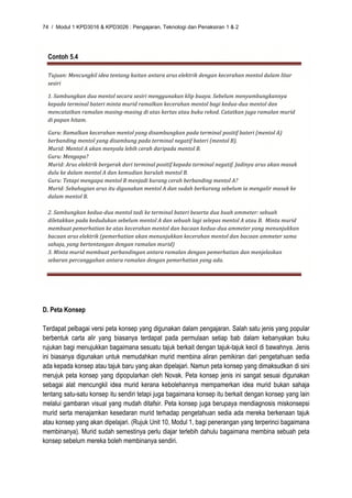 74 / Modul 1 KPD3016 & KPD3026 : Pengajaran, Teknologi dan Penaksiran 1 & 2




  Contoh 5.4

  Tujuan: Mencungkil idea tentang kaitan antara arus elektrik dengan kecerahan mentol dalam litar 
  sesiri 

  1. Sambungkan dua mentol secara sesiri menggunakan klip buaya. Sebelum menyambungkannya 
  kepada terminal bateri minta murid ramalkan kecerahan mentol bagi kedua‐dua mentol dan 
  mencatatkan ramalan masing‐masing di atas kertas atau buku rekod. Catatkan juga ramalan murid 
  di papan hitam. 

  Guru: Ramalkan kecerahan mentol yang disambungkan pada terminal positif bateri (mentol A) 
  berbanding mentol yang disambung pada terminal negatif bateri (mentol B). 
  Murid: Mentol A akan menyala lebih cerah daripada mentol B. 
  Guru: Mengapa? 
  Murid: Arus elektrik bergerak dari terminal positif kepada terminal negatif. Jadinya arus akan masuk 
  dulu ke dalam mentol A dan kemudian barulah mentol B. 
  Guru: Tetapi mengapa mentol B menjadi kurang cerah berbanding mentol A? 
  Murid: Sebahagian arus itu digunakan mentol A dan sudah berkurang sebelum ia mengalir masuk ke 
  dalam mentol B.   
   
  2. Sambungkan kedua‐dua mentol tadi ke terminal bateri beserta dua buah ammeter: sebuah 
  diletakkan pada kedudukan sebelum mentol A dan sebuah lagi selepas mentol A atau B.  Minta murid 
  membuat pemerhatian ke atas kecerahan mentol dan bacaan kedua‐dua ammeter yang menunjukkan 
  bacaan arus elektrik (pemerhatian akan menunjukkan kecerahan mentol dan bacaan ammeter sama 
  sahaja, yang bertentangan dengan ramalan murid) 
  3. Minta murid membuat perbandingan antara ramalan dengan pemerhatian dan menjelaskan 
  sebaran percanggahan antara ramalan dengan pemerhatian yang ada. 




D. Peta Konsep

Terdapat pelbagai versi peta konsep yang digunakan dalam pengajaran. Salah satu jenis yang popular
berbentuk carta alir yang biasanya terdapat pada permulaan setiap bab dalam kebanyakan buku
rujukan bagi menujukkan bagaimana sesuatu tajuk berkait dengan tajuk-tajuk kecil di bawahnya. Jenis
ini biasanya digunakan untuk memudahkan murid membina aliran pemikiran dari pengetahuan sedia
ada kepada konsep atau tajuk baru yang akan dipelajari. Namun peta konsep yang dimaksudkan di sini
merujuk peta konsep yang dipopularkan oleh Novak. Peta konsep jenis ini sangat sesuai digunakan
sebagai alat mencungkil idea murid kerana kebolehannya mempamerkan idea murid bukan sahaja
tentang satu-satu konsep itu sendiri tetapi juga bagaimana konsep itu berkait dengan konsep yang lain
melalui gambaran visual yang mudah ditafsir. Peta konsep juga berupaya mendiagnosis miskonsepsi
murid serta menajamkan kesedaran murid terhadap pengetahuan sedia ada mereka berkenaan tajuk
atau konsep yang akan dipelajari. (Rujuk Unit 10, Modul 1, bagi penerangan yang terperinci bagaimana
membinanya). Murid sudah semestinya perlu diajar terlebih dahulu bagaimana membina sebuah peta
konsep sebelum mereka boleh membinanya sendiri.
 