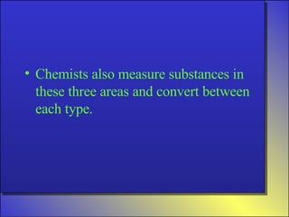 Chemists also measure substances in these three areas and convert between each type. 