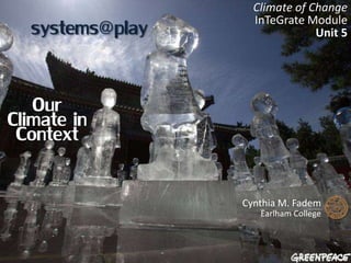 systems@play
Cynthia M. Fadem
Earlham College
Climate of Change
InTeGrate Module
Unit 5
Our
Climate inContext
 