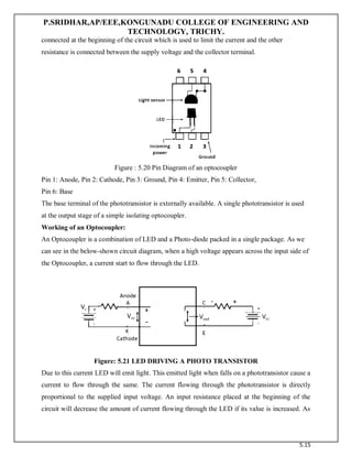 P.SRIDHAR,AP/EEE,KONGUNADU COLLEGE OF ENGINEERING AND
TECHNOLOGY, TRICHY.
5.15
connected at the beginning of the circuit which is used to limit the current and the other
resistance is connected between the supply voltage and the collector terminal.
Figure : 5.20 Pin Diagram of an optocoupler
Pin 1: Anode, Pin 2: Cathode, Pin 3: Ground, Pin 4: Emitter, Pin 5: Collector,
Pin 6: Base
The base terminal of the phototransistor is externally available. A single phototransistor is used
at the output stage of a simple isolating optocoupler.
Working of an Optocoupler:
An Optocoupler is a combination of LED and a Photo-diode packed in a single package. As we
can see in the below-shown circuit diagram, when a high voltage appears across the input side of
the Optocoupler, a current start to flow through the LED.
Figure: 5.21 LED DRIVING A PHOTO TRANSISTOR
Due to this current LED will emit light. This emitted light when falls on a phototransistor cause a
current to flow through the same. The current flowing through the phototransistor is directly
proportional to the supplied input voltage. An input resistance placed at the beginning of the
circuit will decrease the amount of current flowing through the LED if its value is increased. As
 