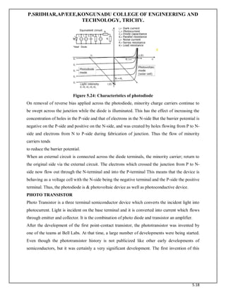 P.SRIDHAR,AP/EEE,KONGUNADU COLLEGE OF ENGINEERING AND
TECHNOLOGY, TRICHY.
5.18
Figure 5.24: Characteristics of photodiode
On removal of reverse bias applied across the photodiode, minority charge carriers continue to
be swept across the junction while the diode is illuminated. This has the effect of increasing the
concentration of holes in the P-side and that of electrons in the N-side But the barrier potential is
negative on the P-side and positive on the N-side, and was created by holes flowing from P to N-
side and electrons from N to P-side during fabrication of junction. Thus the flow of minority
carriers tends
to reduce the barrier potential.
When an external circuit is connected across the diode terminals, the minority carrier; return to
the original side via the external circuit. The electrons which crossed the junction from P to N-
side now flow out through the N-terminal and into the P-terminal This means that the device is
behaving as a voltage cell with the N-side being the negative terminal and the P-side the positive
terminal. Thus, the photodiode is & photovoltaic device as well as photoconductive device.
PHOTO TRANSISTOR
Photo Transistor is a three terminal semiconductor device which converts the incident light into
photocurrent. Light is incident on the base terminal and it is converted into current which flows
through emitter and collector. It is the combination of photo diode and transistor an amplifier.
After the development of the first point-contact transistor, the phototransistor was invented by
one of the teams at Bell Labs. At that time, a large number of developments were being started.
Even though the phototransistor history is not publicized like other early developments of
semiconductors, but it was certainly a very significant development. The first invention of this
 