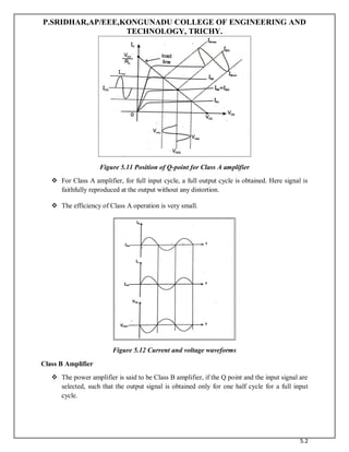 P.SRIDHAR,AP/EEE,KONGUNADU COLLEGE OF ENGINEERING AND
TECHNOLOGY, TRICHY.
5.2
Figure 5.11 Position of Q-point for Class A amplifier
 For Class A amplifier, for full input cycle, a full output cycle is obtained. Here signal is
faithfully reproduced at the output without any distortion.
 The efficiency of Class A operation is very small.
Figure 5.12 Current and voltage waveforms
Class B Amplifier
 The power amplifier is said to be Class B amplifier, if the Q point and the input signal are
selected, such that the output signal is obtained only for one half cycle for a full input
cycle.
 