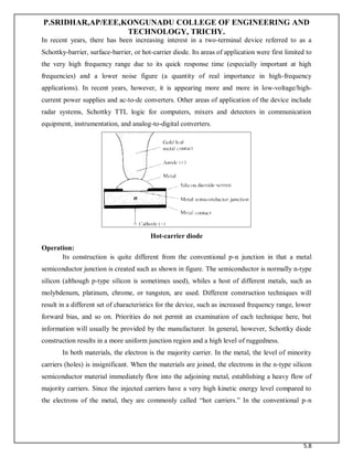 P.SRIDHAR,AP/EEE,KONGUNADU COLLEGE OF ENGINEERING AND
TECHNOLOGY, TRICHY.
5.8
In recent years, there has been increasing interest in a two-terminal device referred to as a
Schottky-barrier, surface-barrier, or hot-carrier diode. Its areas of application were first limited to
the very high frequency range due to its quick response time (especially important at high
frequencies) and a lower noise figure (a quantity of real importance in high-frequency
applications). In recent years, however, it is appearing more and more in low-voltage/high-
current power supplies and ac-to-dc converters. Other areas of application of the device include
radar systems, Schottky TTL logic for computers, mixers and detectors in communication
equipment, instrumentation, and analog-to-digital converters.
Hot-carrier diode
Operation:
Its construction is quite different from the conventional p-n junction in that a metal
semiconductor junction is created such as shown in figure. The semiconductor is normally n-type
silicon (although p-type silicon is sometimes used), whiles a host of different metals, such as
molybdenum, platinum, chrome, or tungsten, are used. Different construction techniques will
result in a different set of characteristics for the device, such as increased frequency range, lower
forward bias, and so on. Priorities do not permit an examination of each technique here, but
information will usually be provided by the manufacturer. In general, however, Schottky diode
construction results in a more uniform junction region and a high level of ruggedness.
In both materials, the electron is the majority carrier. In the metal, the level of minority
carriers (holes) is insignificant. When the materials are joined, the electrons in the n-type silicon
semiconductor material immediately flow into the adjoining metal, establishing a heavy flow of
majority carriers. Since the injected carriers have a very high kinetic energy level compared to
the electrons of the metal, they are commonly called “hot carriers.” In the conventional p-n
 