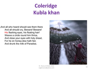 Coleridge
                               Kubla khan

,And all who heard should see them there
    And all should cry, Beware! Beware!
    His flashing eyes, his floating hair!
    Weave a circle round him thrice,
    And close your eyes with holy dread,
    For he on honey-dew hath fed,
    And drunk the milk of Paradise.




                                     Dr. Noora Al-Malki 2012
                                                               14
                                     eaglenoora@yahoo.com
 