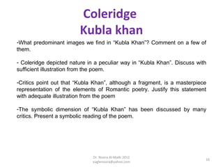 Coleridge
                         Kubla khan
-What predominant images we find in “Kubla Khan”? Comment on a few of
them.

- Coleridge depicted nature in a peculiar way in “Kubla Khan”. Discuss with
sufficient illustration from the poem.

-Critics point out that “Kubla Khan”, although a fragment, is a masterpiece
representation of the elements of Romantic poetry. Justify this statement
with adequate illustration from the poem

-The symbolic dimension of “Kubla Khan” has been discussed by many
critics. Present a symbolic reading of the poem.




                              Dr. Noora Al-Malki 2012
                                                                          16
                              eaglenoora@yahoo.com
 
