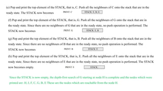 (e) Pop and print the top element of the STACK, that is, C. Push all the neighbours of C onto the stack that are in the
ready state. The STACK now becomes
(f) Pop and print the top element of the STACK, that is, G. Push all the neighbours of G onto the stack that are in
the ready state. Since there are no neighbours of G that are in the ready state, no push operation is performed. The
STACK now becomes
(g) Pop and print the top element of the STACK, that is, B. Push all the neighbours of B onto the stack that are in the
ready state. Since there are no neighbours of B that are in the ready state, no push operation is performed. The
STACK now becomes
(h) Pop and print the top element of the STACK, that is, E. Push all the neighbours of E onto the stack that are in the
ready state. Since there are no neighbours of E that are in the ready state, no push operation is performed. The STACK
now becomes empty.
Since the STACK is now empty, the depth-first search of G starting at node H is complete and the nodes which were
printed are: H, I, F, C, G, B, E These are the nodes which are reachable from the node H.
 