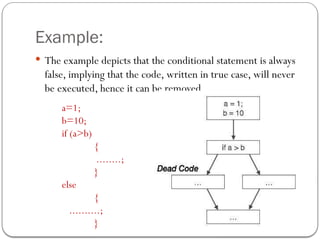 Example:
 The example depicts that the conditional statement is always
false, implying that the code, written in true case, will never
be executed, hence it can be removed.
a=1;
b=10;
if (a>b)
{
........;
}
else
{
..........;
}
 