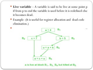  Live variable – A variable is said to be live at some point p
if from p to end the variable is used before it is redefined else
it becomes dead.
 Example- (It is useful for register allocation and dead code
elimination.)
 –
 