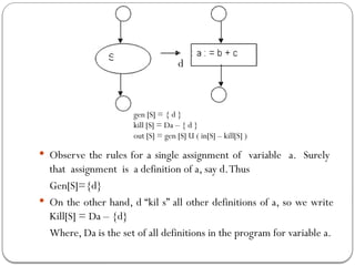 d
gen [S] = { d }
kill [S] = Da – { d }
out [S] = gen [S] U ( in[S] – kill[S] )
 Observe the rules for a single assignment of variable a. Surely
that assignment is a definition of a, say d.Thus
Gen[S]={d}
 On the other hand, d “kil s” all other definitions of a, so we write
Kill[S] = Da – {d}
Where, Da is the set of all definitions in the program for variable a.
 