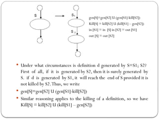  Under what circumstances is definition d generated by S=S1; S2?
First of all, if it is generated by S2, then it is surely generated by
S. if d is generated by S1, it will reach the end of S provided it is
not killed by S2.Thus, we write
 gen[S]=gen[S2] U (gen[S1]-kill[S2])
 Similar reasoning applies to the killing of a definition, so we have
Kill[S] = kill[S2] U (kill[S1] – gen[S2])
gen[S]=gen[S2] U (gen[S1]-kill[S2])
Kill[S] = kill[S2] U (kill[S1] – gen[S2])
in [S1] = in [S] in [S2] = out [S1]
out [S] = out [S2]
 