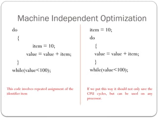 Machine Independent Optimization
do
{
item = 10;
value = value + item;
}
while(value<100);
item = 10;
do
{
value = value + item;
}
while(value<100);
This code involves repeated assignment of the
identifier item
If we put this way it should not only save the
CPU cycles, but can be used on any
processor.
 