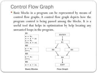 Control Flow Graph
 Basic blocks in a program can be represented by means of
control flow graphs. A control flow graph depicts how the
program control is being passed among the blocks. It is a
useful tool that helps in optimization by help locating any
unwanted loops in the program.
 