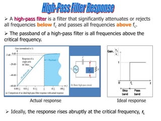  A high-pass filter is a filter that significantly attenuates or rejects
all frequencies below fc and passes all frequencies above fc.
 The passband of a high-pass filter is all frequencies above the
critical frequency.
Vo
Actual response Ideal response
 Ideally, the response rises abruptly at the critical frequency, fL
 