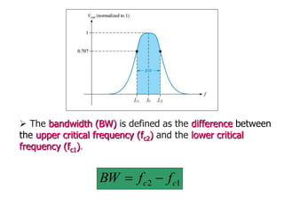  The bandwidth (BW) is defined as the difference between
the upper critical frequency (fc2) and the lower critical
frequency (fc1).
1
2 c
c f
f
BW 

 
