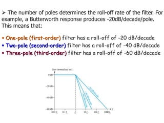  The number of poles determines the roll-off rate of the filter. For
example, a Butterworth response produces -20dB/decade/pole.
This means that:
 One-pole (first-order) filter has a roll-off of -20 dB/decade
 Two-pole (second-order) filter has a roll-off of -40 dB/decade
 Three-pole (third-order) filter has a roll-off of -60 dB/decade
 