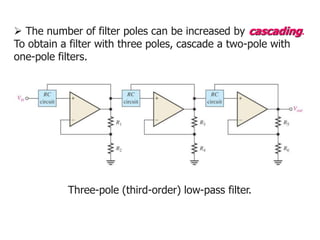  The number of filter poles can be increased by cascading.
To obtain a filter with three poles, cascade a two-pole with
one-pole filters.
Three-pole (third-order) low-pass filter.
 