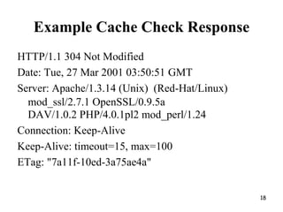 Example Cache Check Response
HTTP/1.1 304 Not Modified
Date: Tue, 27 Mar 2001 03:50:51 GMT
Server: Apache/1.3.14 (Unix) (Red-Hat/Linux)
mod_ssl/2.7.1 OpenSSL/0.9.5a
DAV/1.0.2 PHP/4.0.1pl2 mod_perl/1.24
Connection: Keep-Alive
Keep-Alive: timeout=15, max=100
ETag: "7a11f-10ed-3a75ae4a"
18
 