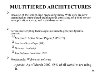 MULTITIERED ARCHITECTURES

Because of the server-side processing many Web sites are now
organized as three-tiered architectures consisting of a Web server,
an application server, and a database server.






Server-side scripting technologies are used to generate dynamic
content:



Microsoft: Active Server Pages (ASP.NET)



Sun: Java Server Pages (JSP)



Netscape: JavaScript



Free Software Foundation: PHP



Most popular Web server software

– Apache. As of March 2007, 58% of all websites are using
it. 35
 
