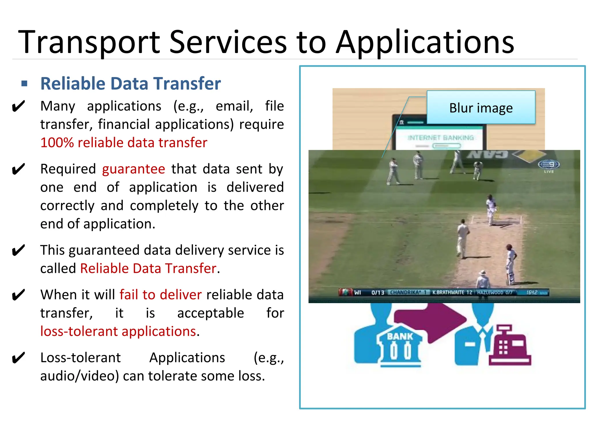 10
Transport Services to Applications
▪ Reliable Data Transfer
✔ Many applications (e.g., email, file
transfer, financial applications) require
100% reliable data transfer
✔ Required guarantee that data sent by
one end of application is delivered
correctly and completely to the other
end of application.
✔ This guaranteed data delivery service is
called Reliable Data Transfer.
✔ When it will fail to deliver reliable data
transfer, it is acceptable for
loss-tolerant applications.
✔ Loss-tolerant Applications (e.g.,
audio/video) can tolerate some loss.
Blur image
 