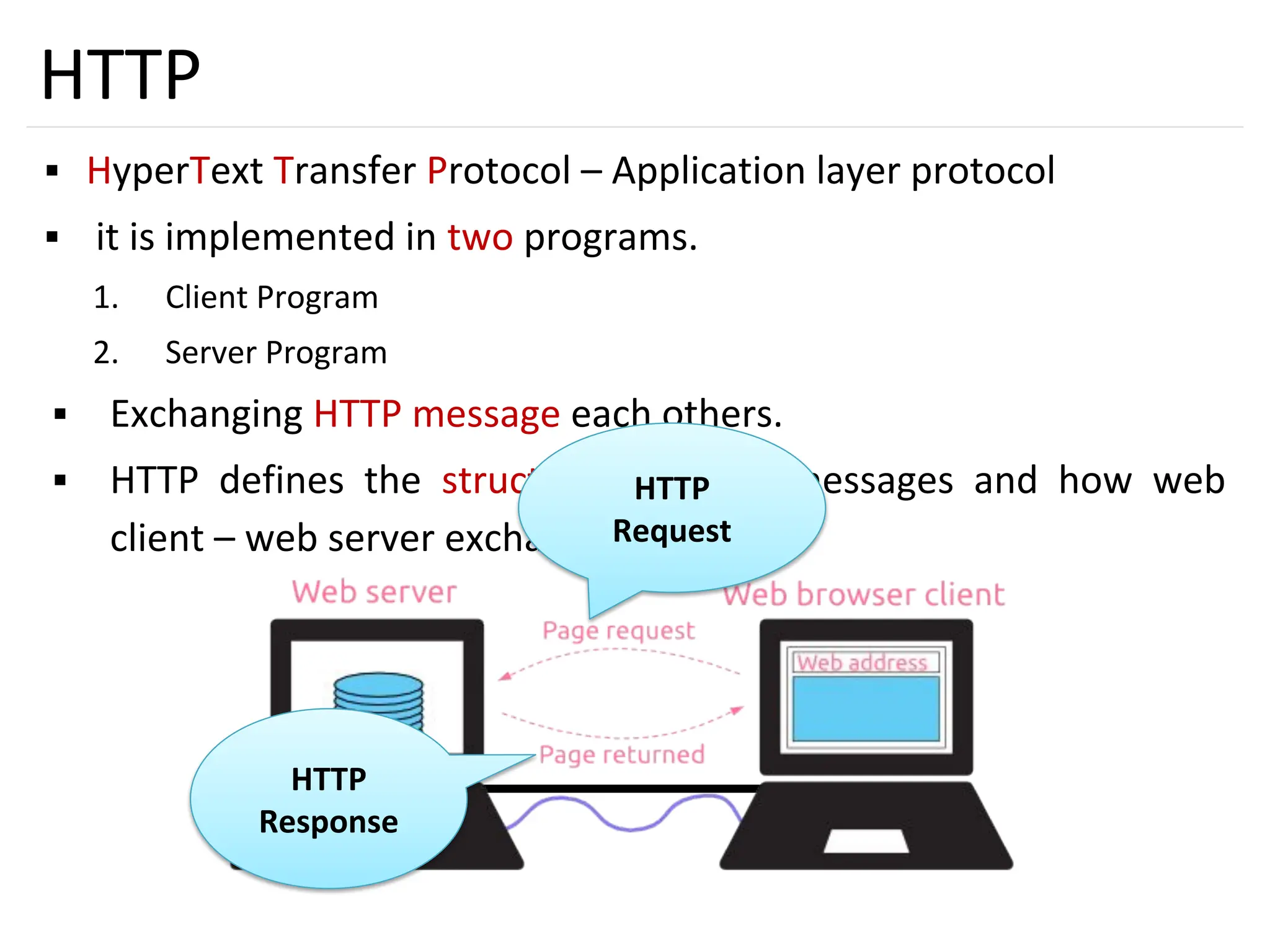 17
HTTP
▪ HyperText Transfer Protocol – Application layer protocol
▪ it is implemented in two programs.
1. Client Program
2. Server Program
▪ Exchanging HTTP message each others.
▪ HTTP defines the structure of these messages and how web
client – web server exchange messages.
HTTP
Request
HTTP
Response
 